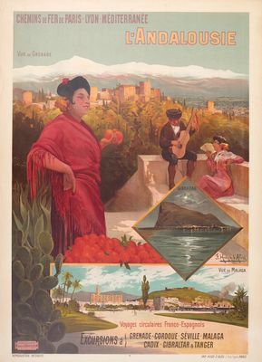 une vieille affiche représentant une femme en robe rouge et un homme portant un châle rouge