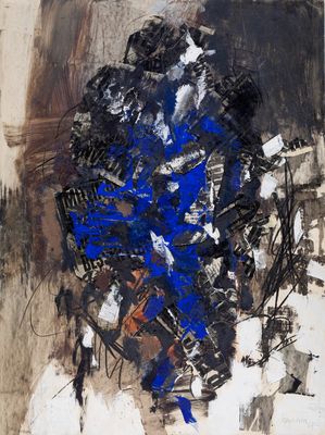an abstract painting of a blue flower on a white background