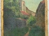 an old painting of a church with a steeple in the background