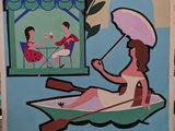 tableau représentant une femme assise dans un bateau, un parapluie à la main, devant un tableau représentant une femme assise dans un bateau, un parapluie à la main, devant une fenêtre