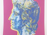 an image of a painting of a woman ' s face on a pink background