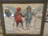 a picture of a painting of two children on skis