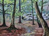 peinture représentant un sentier dans une forêt, avec des arbres et des rochers