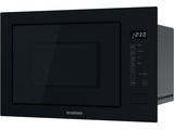 the microwave is black and has a digital clock on the front