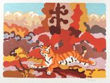 tableau représentant un tigre dans un champ, avec des arbres et des rochers en arrière-plan
