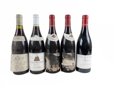 six bouteilles de vin rouge sont alignées