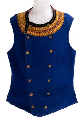 an image of a mannequin wearing a blue vest with gold buttons