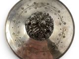 a silver plate with a lion head on it