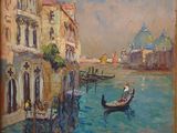 une peinture à l'huile représentant une gondole sur un canal, avec des bâtiments en arrière-plan