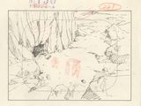 dessin représentant un homme et un chien dans un environnement boisé