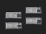 three clear plastic labels with a black background and a black background