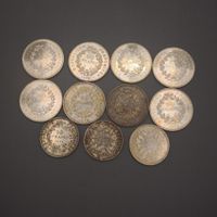 Lot de pièces en argent, type Hercule, dont 50 francs, 10 francs,