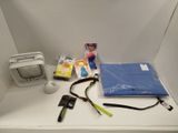 a white shelf with items on it and a blue bag