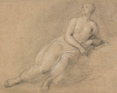 drawing of a woman sitting on the ground with her hands on her knees