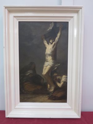 tableau représentant un homme sur une croix et une femme allongée à terre