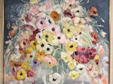 a painting of flowers in a vase on a table