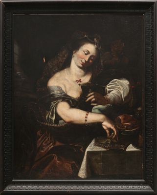 un tableau représentant une femme tenant un oiseau dans la main