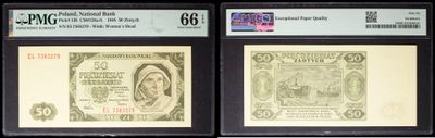 three different types of currency are on display in a display case