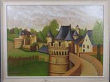 painting of a painting of a castle with a path leading to it
