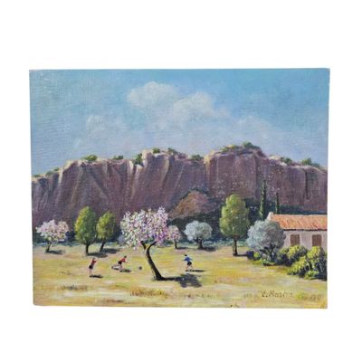 tableau représentant des enfants jouant dans un champ, avec une montagne en arrière-plan