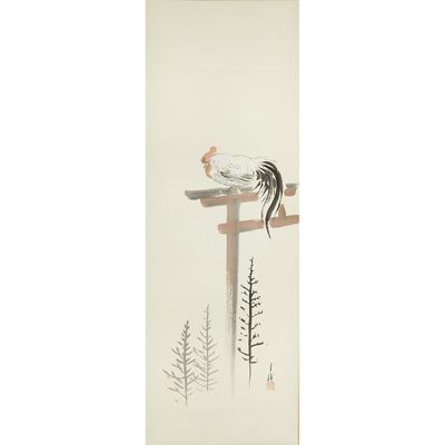 a painting of a rooster sitting on top of a wooden post
