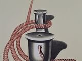 dessin en noir et blanc représentant un vase orné d'un cordon rouge