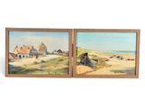 deux tableaux représentant une scène de plage avec un bateau et des maisons