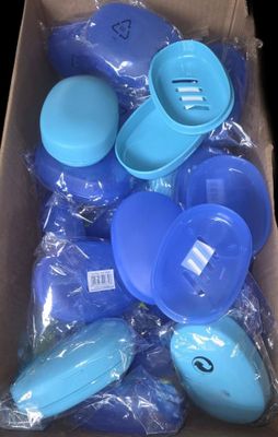 a box full of blue plastic items that are in it