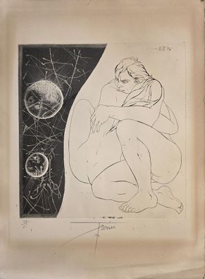 une image représentant le dessin d'une femme agenouillée devant une illustration de la lune