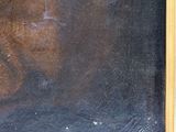 an oil painting of a brown dog laying down on a black surface