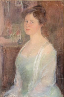 painting of a woman in a green dress sitting in a chair