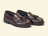 a close up of a pair of brown shoes on a white background