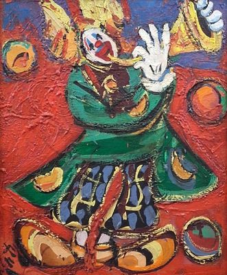 tableau représentant un clown portant un chapeau de clown et une robe verte