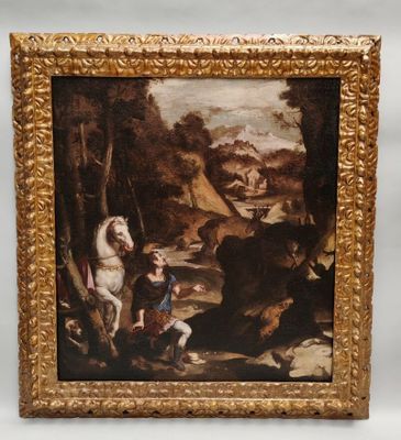 an image of a painting of a boy and a dog in a wooded setting