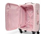 a pink suitcase with a handle and wheels on a white background