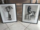 two framed photos of a woman sitting on a chair