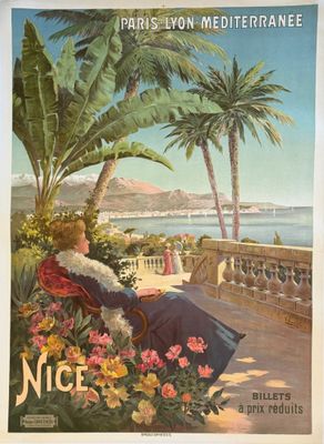 une vieille affiche représentant une femme assise sur un banc devant un palmier