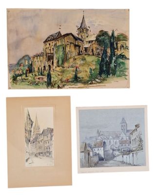 trois aquarelles représentant des bâtiments et une église située sur une colline