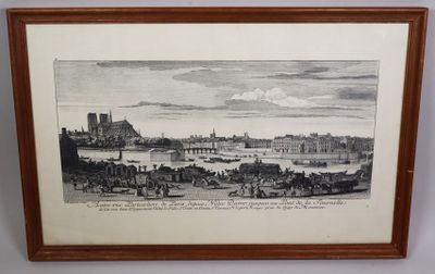 un dessin représentant une vue d'une ville avec un château en arrière-plan