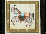painting of a horse with a saddle and saddle in a black frame
