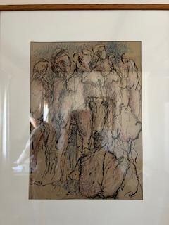 framed drawing of a group of people standing in a line