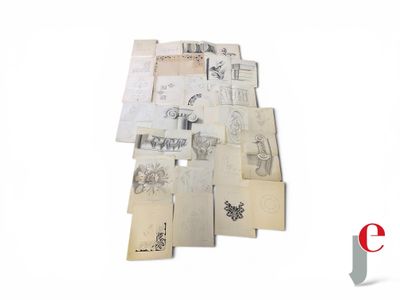 a pile of old papers with drawings on them