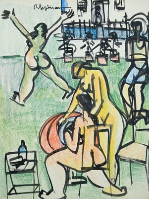 dessin représentant un groupe de personnes dans un parc, avec un bâtiment en arrière-plan