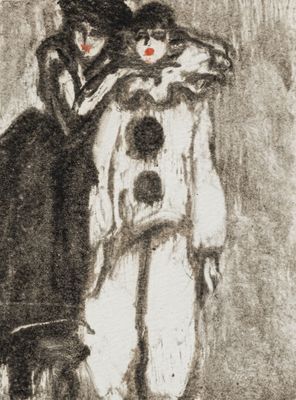 dessin représentant une femme en manteau de fourrure et un homme coiffé d'un chapeau
