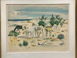un tableau représentant des chevaux paissant sur la plage, au bord de l'eau