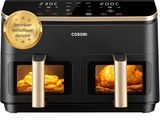 a black and gold air fryer with french fries in it
