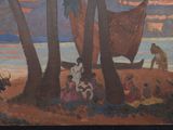 a painting of people on a beach with a boat in the background