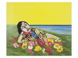 an image of a painting of a woman laying in a field of flowers