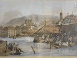 a picture of a painting of a city by the water