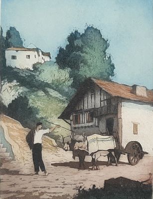 a painting of a man standing next to a horse drawn cart